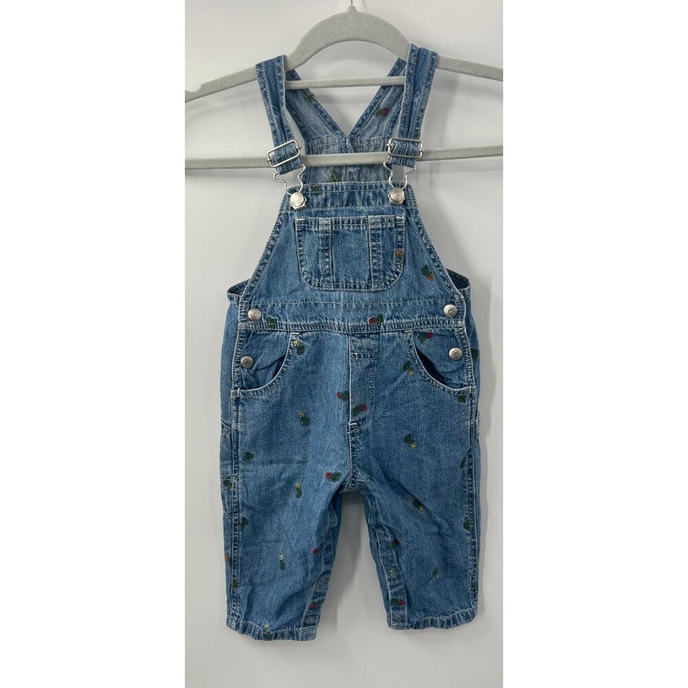 VTG Baby Gap Denim Shortalls 12-18M Embroidered Floral Overalls Toddler Jean